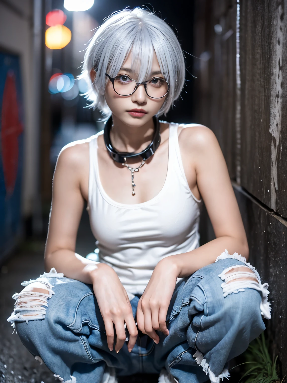 raw photo, 8k, (top-quality), Realistic, (real picture, Intricate details), (natural skin texture, detailed skin, hyper realism, sharpness), (Japanese teenage girl squatting in a dirty back alley at night, graffitied wall:1.3, hands in pockets), ((tight white tank top, Distressed denim pants, low rise baggy pants, leather collar)), (((flat chest:1.5))), (pale skin), ((white hair, shorthair, short bangs)), (glasses, seductive face, Parted lips:1.3), graffiti:1.5, trash can, night time, spot lighting:1.3, Full body shot