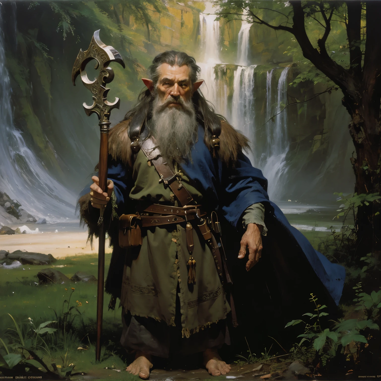 8k, the most beautiful d&d painting artwork, Forground: a fantasy druid goblin gnome with a beard standing barefoot holding a wooden Staff, pointy ears, bug nose, thigh eyebrows, he is wearing a blue winter coat with a leather belt at the waist, leather pouches. Background: midday sun, clear sky, A winter forest, ground covered by snow, trees. Render the scene: art style of Donato Giancola and Patrick J Jones, sharp focus, (highly detailed:1.4), oil painting, ambient Light.