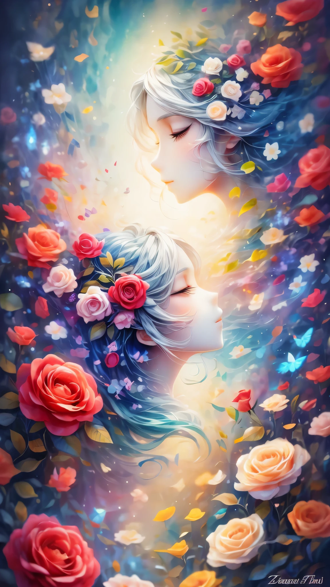 (Side face beauty,long colored hair,close eyes,masterpiece roses),Rainbow color background, (illustration:1.2,paper art:1.2, Zentangle:1.2, 3d rendering),(best quality, detailed details, masterpiece, official art, Lighting effects, 4K, chiaroscuro)