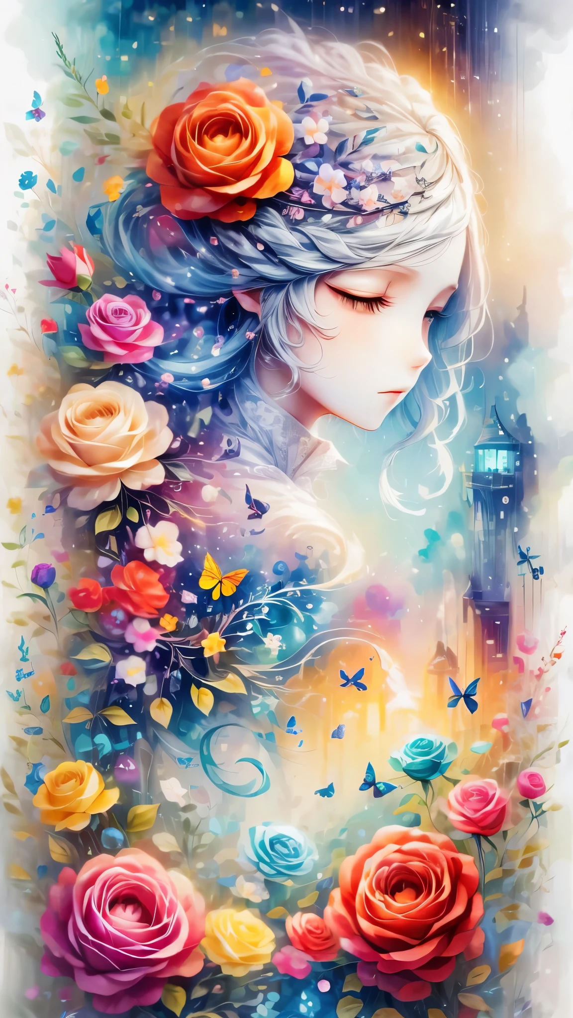 (Side face beauty,long colored hair,close eyes,masterpiece roses),Rainbow color background, (illustration:1.2,paper art:1.2, Zentangle:1.2, 3d rendering),(best quality, detailed details, masterpiece, official art, Lighting effects, 4K, chiaroscuro)