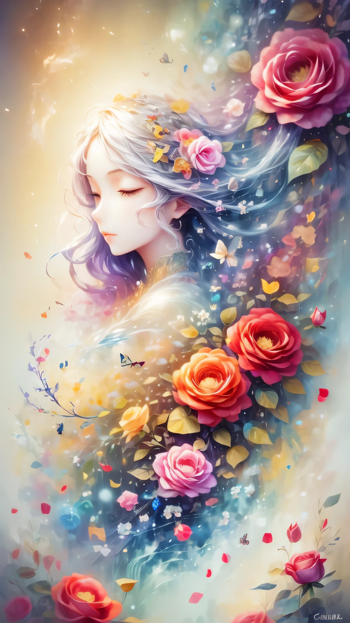 (Side face beauty,long colored hair,close eyes,masterpiece roses),Rainbow color background, (illustration:1.2,paper art:1.2, Zentangle:1.2, 3d rendering),(best quality, detailed details, masterpiece, official art, Lighting effects, 4K, chiaroscuro)