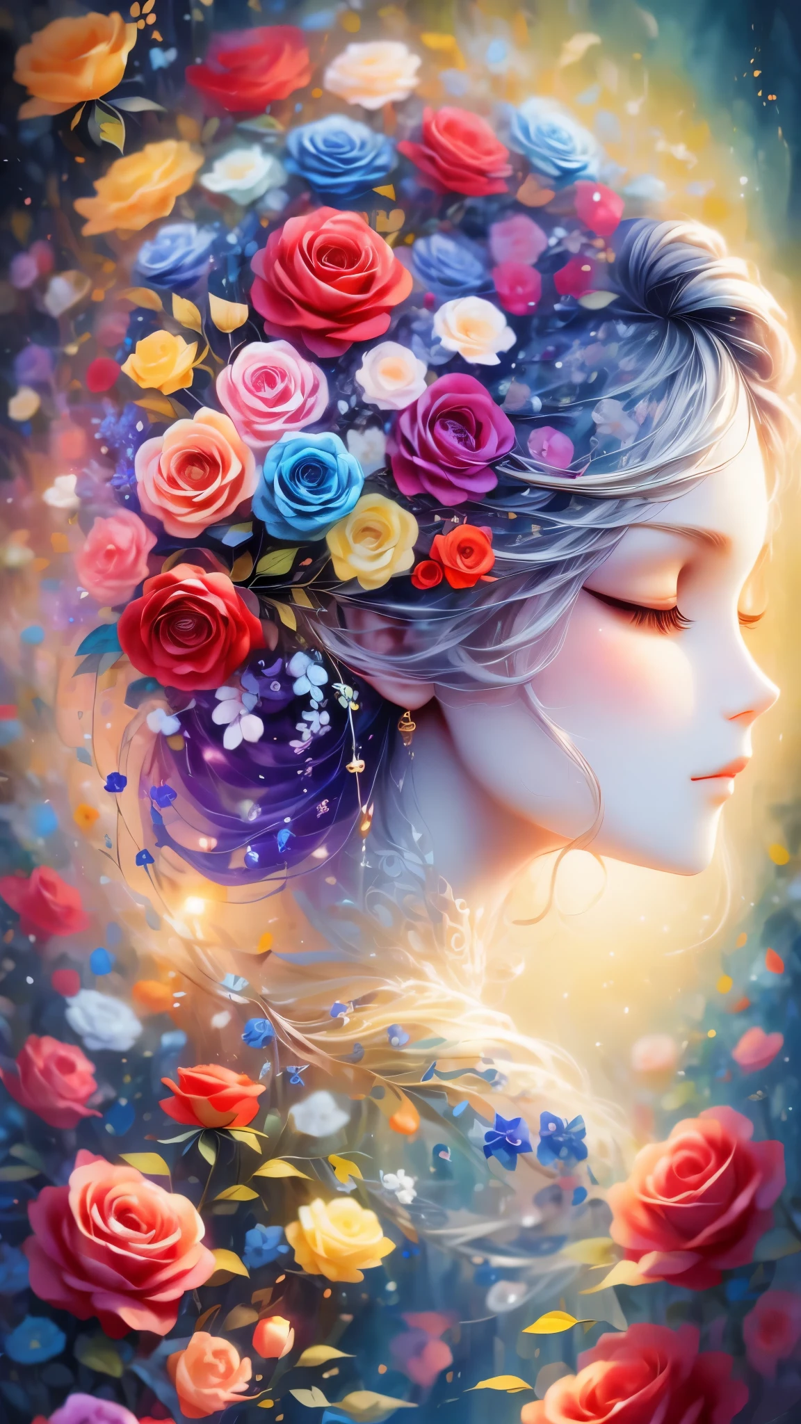 (Side face beauty,long colored hair,close eyes,masterpiece roses),Rainbow color background, (illustration:1.2,paper art:1.2, Zentangle:1.2, 3d rendering),(best quality, detailed details, masterpiece, official art, Lighting effects, 4K, chiaroscuro)