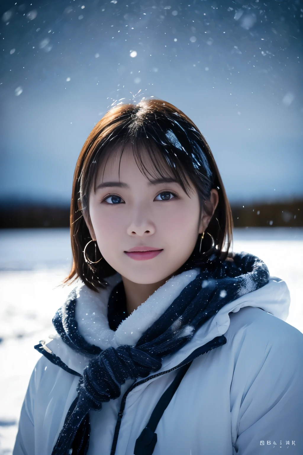 1 girl, (Winter clothes:1.2), beautiful japanese actress, 
looks great in the photo, Yukihime, long eyelashes, snowflake earrings,
(RAW photo, highest quality), (realistic, Photoreal:1.4), (table top), 
beautiful and detailed eyes, beautiful detailed lips, highly detailed eyes and face, 
break
 (Dark night in the snowy fields of Lapland in winter:1.4), 
mysterious beauty, 
(starry sky:1.3),
indigo gradation, dramatic lighting, great atmosphere, 
break 
Perfect Anatomy, slender body, small, short hair, parted bangs, angel smile, 
Crystal Skin, clear eyes, Strobe photography, catch light