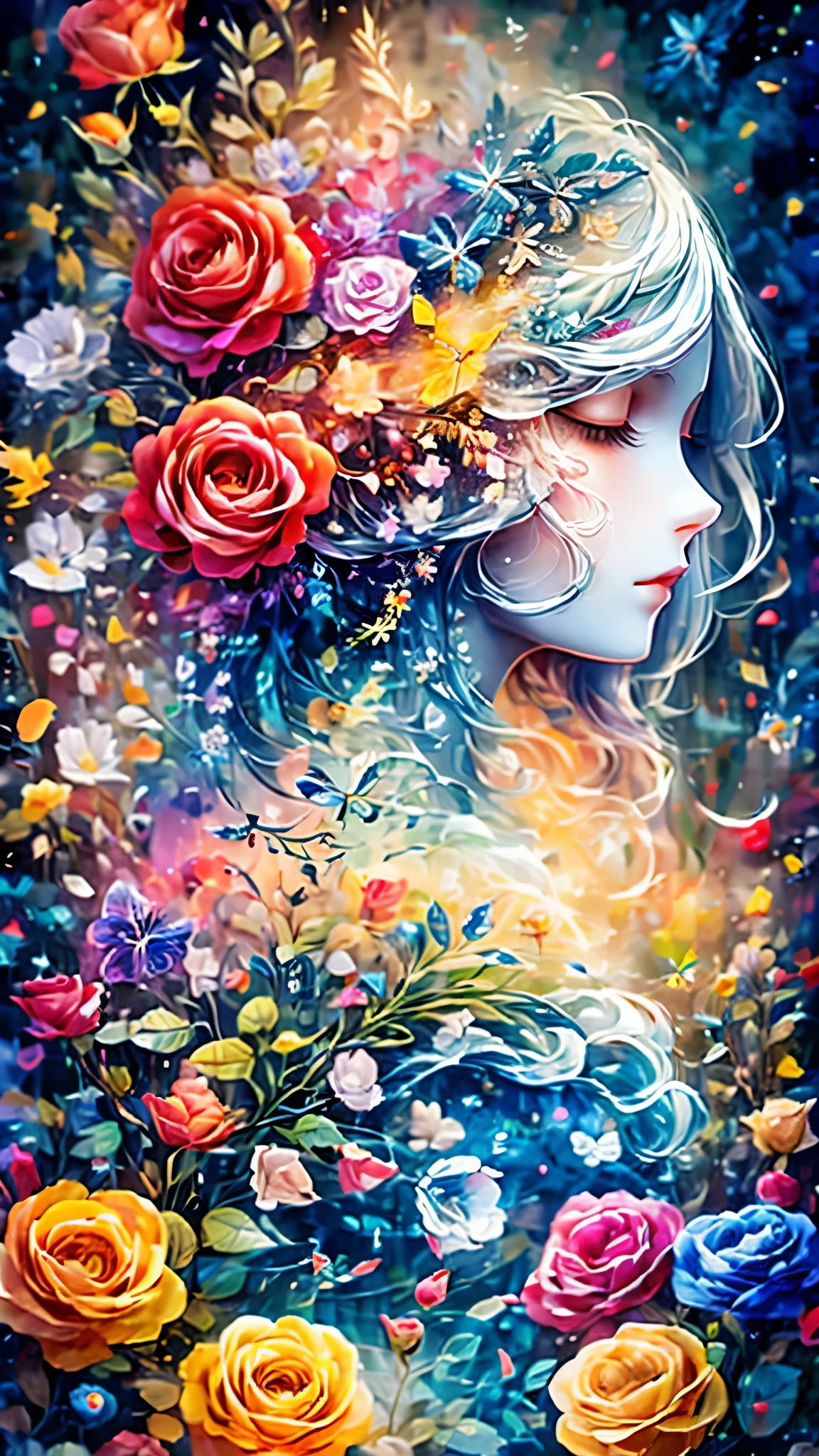 (Side face beauty,long colored hair,close eyes,masterpiece roses),Rainbow color background, (illustration:1.2,paper art:1.2, Zentangle:1.2, 3d rendering),(best quality, detailed details, masterpiece, official art, Lighting effects, 4K, chiaroscuro)