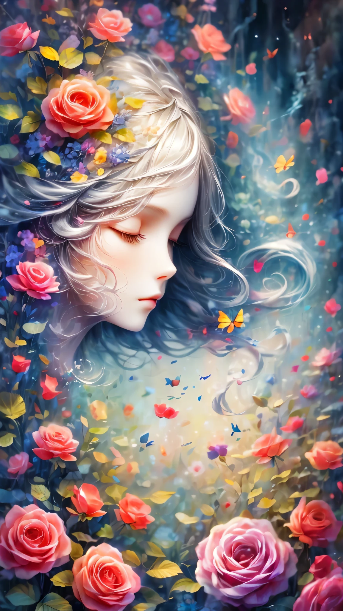 (Side face beauty,long colored hair,close eyes,masterpiece roses),Rainbow color background, (illustration:1.2,paper art:1.2, Zentangle:1.2, 3d rendering),(best quality, detailed details, masterpiece, official art, Lighting effects, 4K, chiaroscuro)