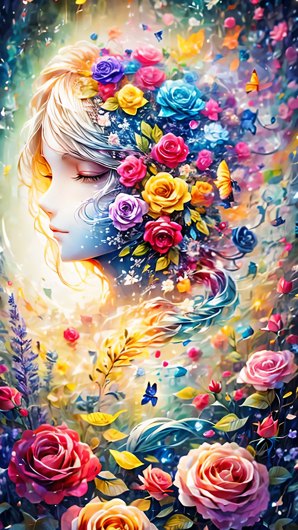 (Side face beauty,long colored hair,close eyes,masterpiece roses),Rainbow color background, (illustration:1.2,paper art:1.2, Zentangle:1.2, 3d rendering),(best quality, detailed details, masterpiece, official art, Lighting effects, 4K, chiaroscuro)