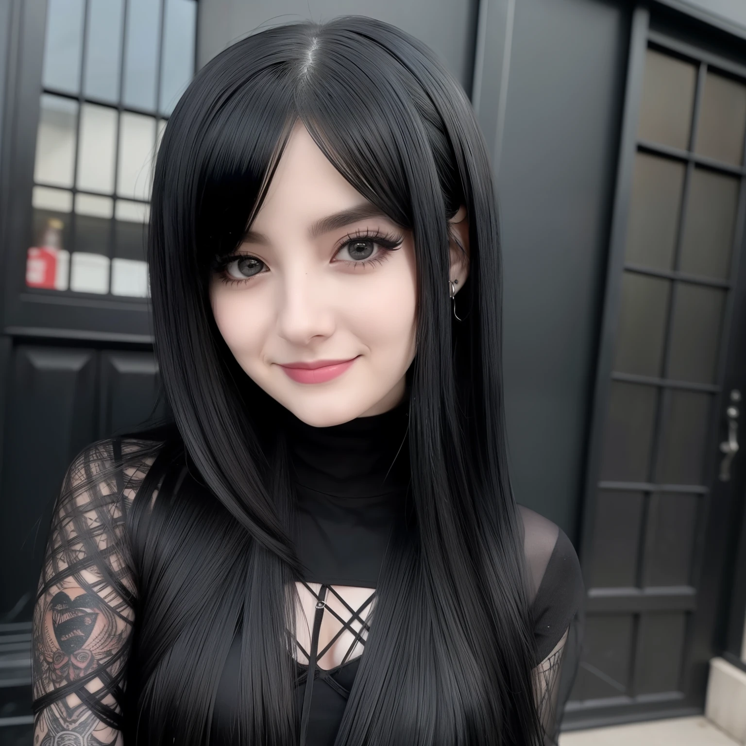 A close up of a woman with long black hair and a black top - SeaArt AI