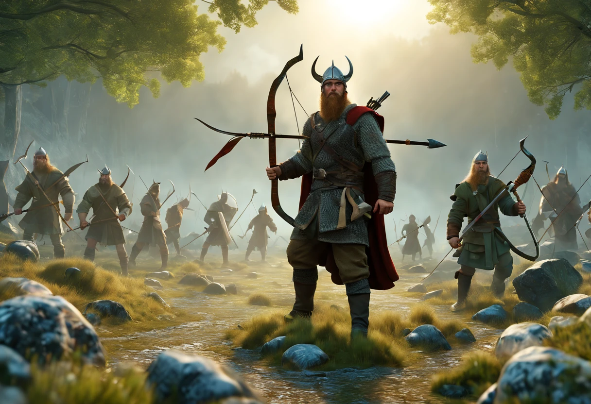 Vikings, ((several Viking men with weapons of the time (sword and axe, but other weapons such as the bow and arrow), warriors defending their territories hyperrealistic: 1.4)), perfectly defined and detailed body, dynamic poses, beautiful landscapes, Trees, Bushes, Mountains, Epic, Ultra, (Photorealistic:1.2), (Masterpiece), (Top Quality, 8k, 32tsp, Tabletop), (Dynamic Pose), ((Best Quality)), ((Masterpiece) ), (highly detailed: 1.2), (Cinematic Lighting), 3D, beautiful,