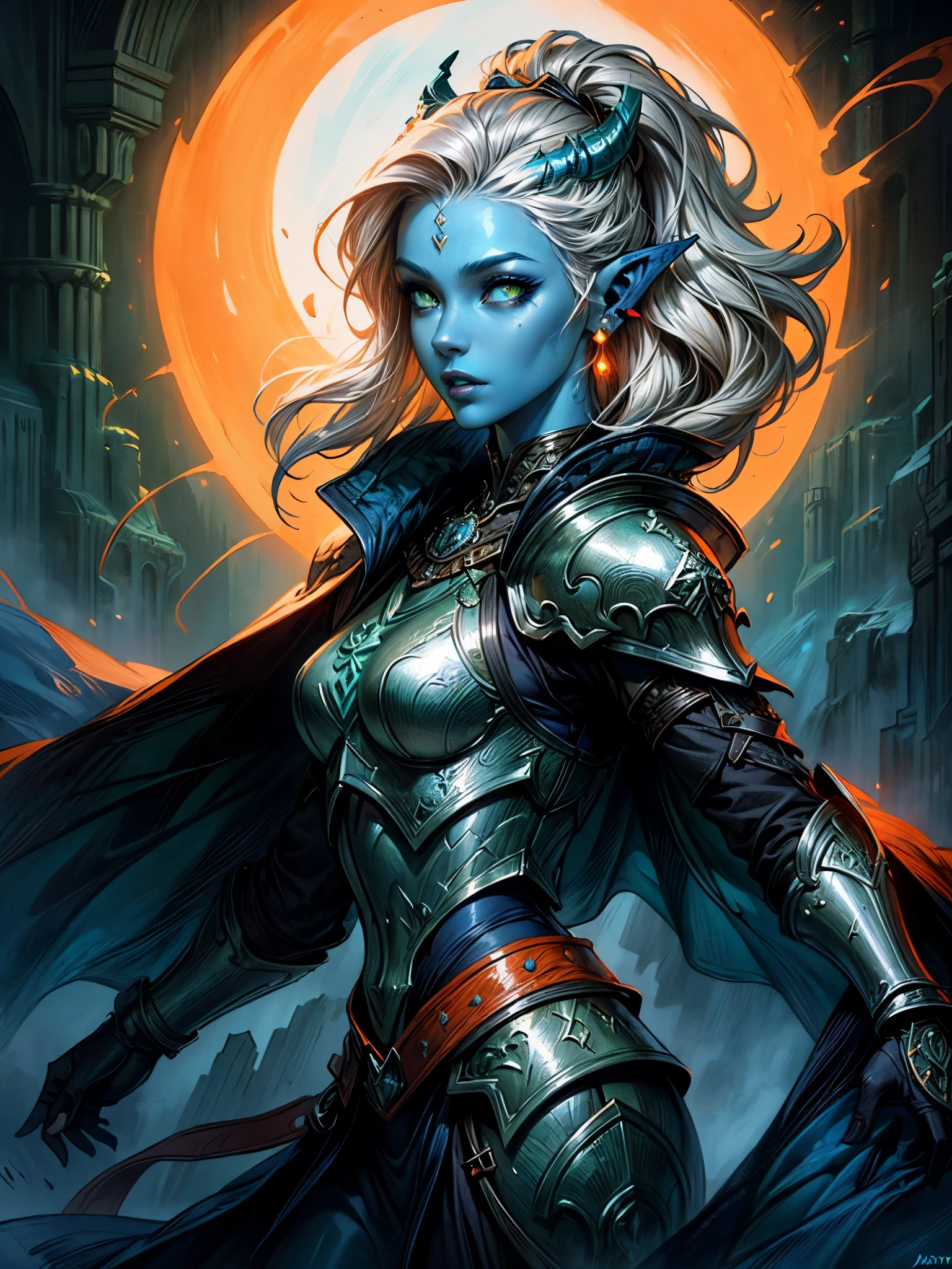 fantasy art, dnd art, RPG art, wide shot, (masterpiece: 1.4) a (portrait: 1.3) intense details, highly detailed, photorealistic, best quality, highres, portrait a female (fantasy art, Masterpiece, best quality: 1.3) ((blue skin: 1.5)), intense details facial details, exquisite beauty, (fantasy art, Masterpiece, best quality) cleric, (blue: 1.3) skinned female, (white hair: 1.4), long hair, (hair hides ears: 1.5), (green eyes: 1.3), fantasy art, Masterpiece, best quality) armed a fiery sword red fire, wearing heavy (white: 1.3) half plate mail armor, wearing high heeled laced boots, wearing an(orange :1.3) cloak, wearing glowing holy symbol GlowingRunes_yellow, within fantasy temple background, reflection light, high details, best quality, 16k, [ultra detailed], masterpiece, best quality, (extremely detailed), close up, ultra wide shot, photorealistic, RAW, fantasy art, dnd art, fantasy art, realistic art,((best quality)), ((masterpiece)), (detailed), perfect face,