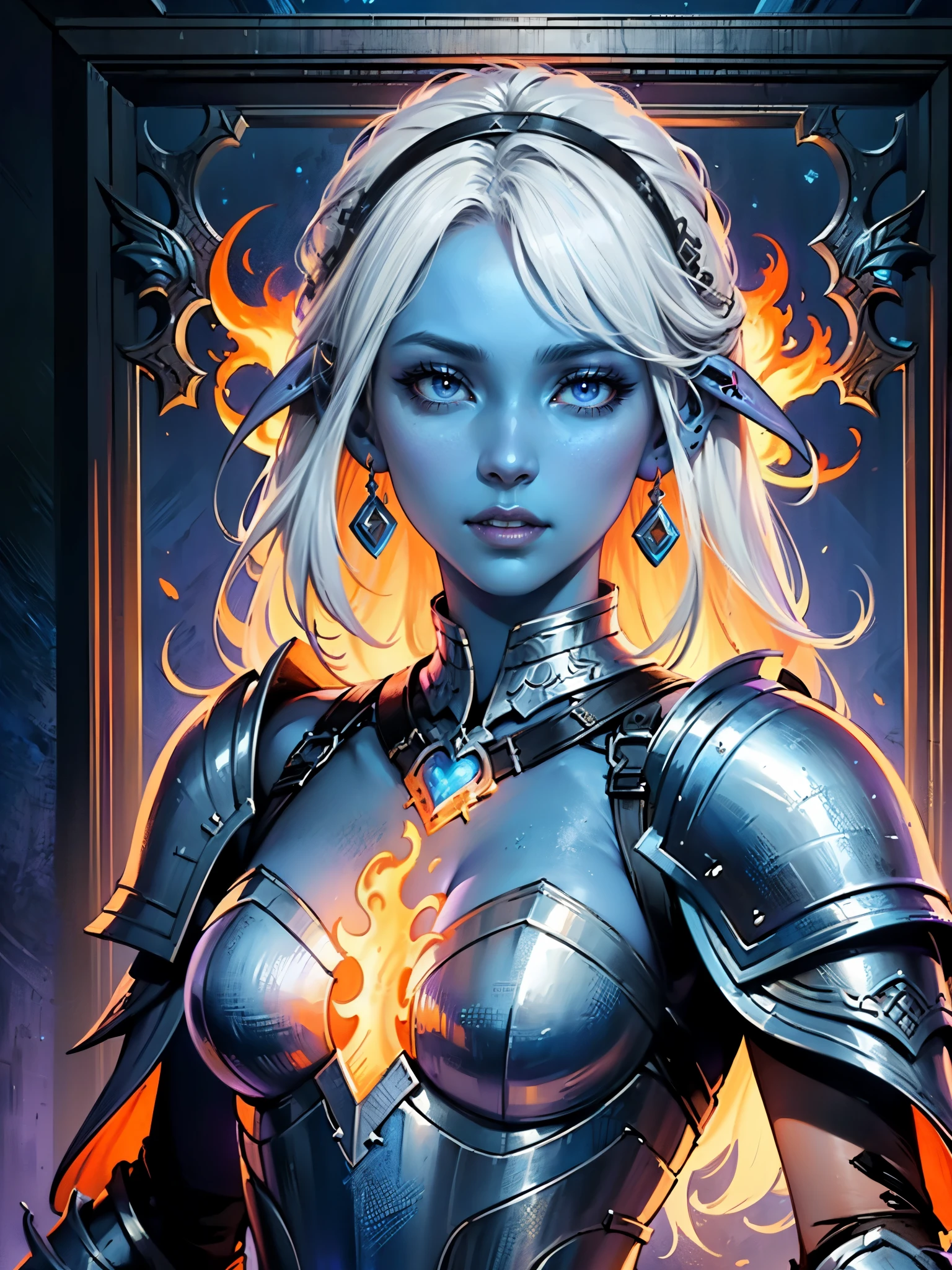 fantasy art, dnd art, RPG art, wide shot, (masterpiece: 1.4) a (portrait: 1.3) intense details, highly detailed, photorealistic, best quality, highres, portrait a female (fantasy art, Masterpiece, best quality: 1.3) ((blue skin: 1.5)), intense details facial details, exquisite beauty, (fantasy art, Masterpiece, best quality) cleric, (blue: 1.3) skinned female, (white hair: 1.4), long hair, (hair hides ears: 1.5), (purple eyes: 1.3), fantasy art, Masterpiece, best quality) armed a fiery sword red fire, wearing heavy (white: 1.3) half plate mail armor, wearing high heeled laced boots, wearing an(orange :1.3) cloak, wearing glowing holy symbol GlowingRunes_yellow, within fantasy temple background, reflection light, high details, best quality, 16k, [ultra detailed], masterpiece, best quality, (extremely detailed), close up, ultra wide shot, photorealistic, RAW, fantasy art, dnd art, fantasy art, realistic art,((best quality)), ((masterpiece)), (detailed), perfect face,