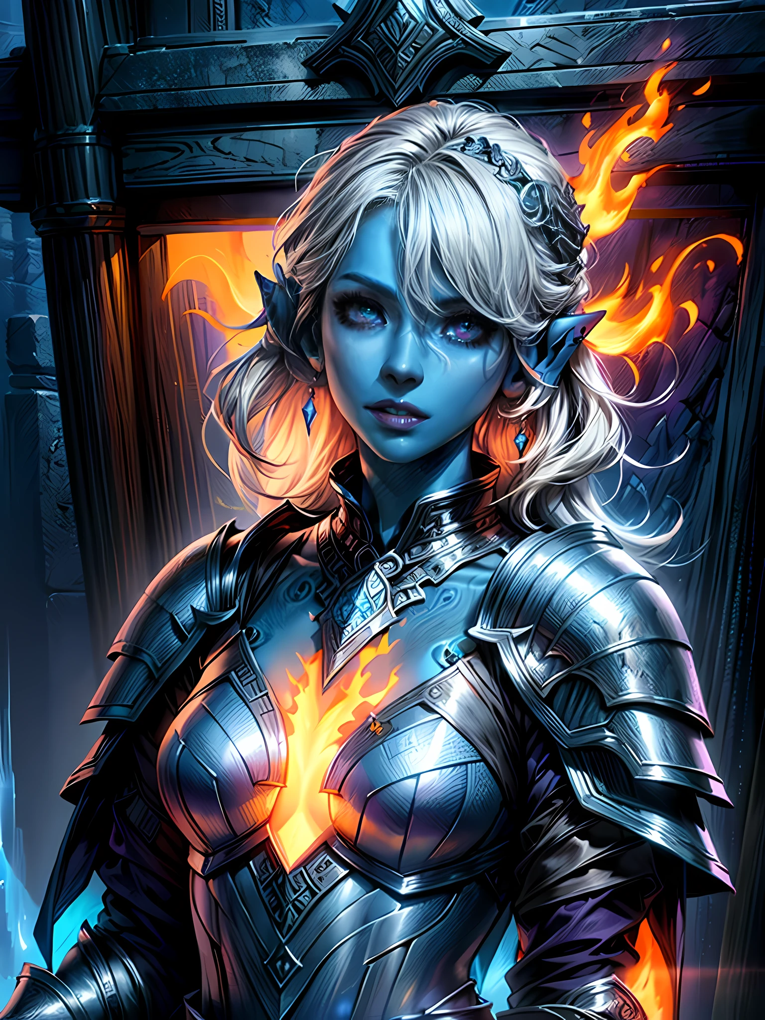 fantasy art, dnd art, RPG art, wide shot, (masterpiece: 1.4) a (portrait: 1.3) intense details, highly detailed, photorealistic, best quality, highres, portrait a female (fantasy art, Masterpiece, best quality: 1.3) ((blue skin: 1.5)), intense details facial details, exquisite beauty, (fantasy art, Masterpiece, best quality) cleric, (blue: 1.3) skinned female, (white hair: 1.4), long hair, (hair hides ears: 1.5), (purple eyes: 1.3), fantasy art, Masterpiece, best quality) armed a fiery sword red fire, wearing heavy (white: 1.3) half plate mail armor, wearing high heeled laced boots, wearing an(orange :1.3) cloak, wearing glowing holy symbol GlowingRunes_yellow, within fantasy temple background, reflection light, high details, best quality, 16k, [ultra detailed], masterpiece, best quality, (extremely detailed), close up, ultra wide shot, photorealistic, RAW, fantasy art, dnd art, fantasy art, realistic art,((best quality)), ((masterpiece)), (detailed), perfect face,