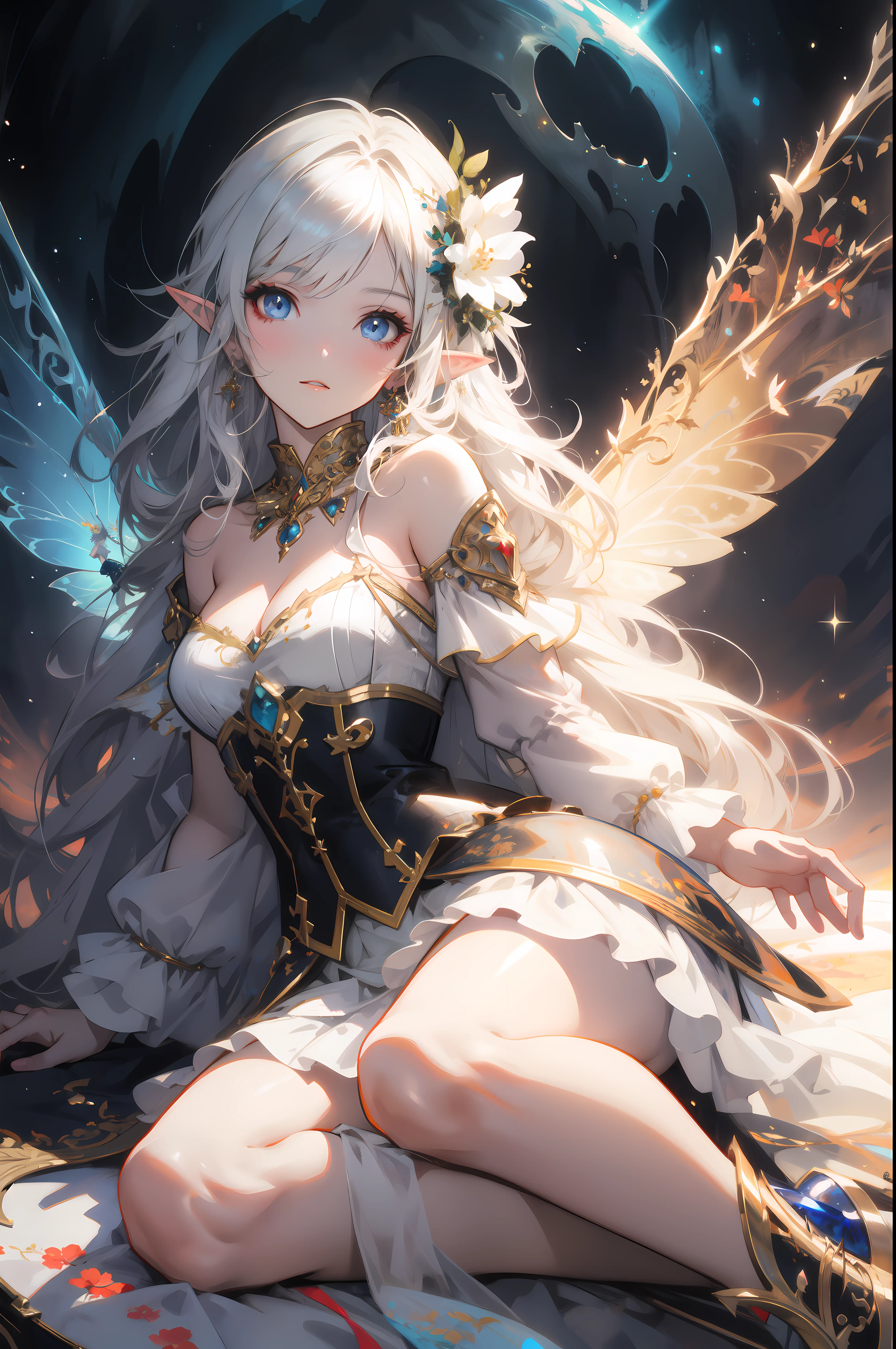 Elf queen with white hair and wings sitting on bed, fantasy artwork, portrait of a fairy, portrait of fairy, Anime fantasy illustration, 2. 5 D CGI anime fantasy artwork, beautiful fantasy anime, Fantasy art style, Guweiz in Pixiv ArtStation, Beautiful fairy, 8K high quality detailed art, astral fairy, Fanart Meilleure ArtStation