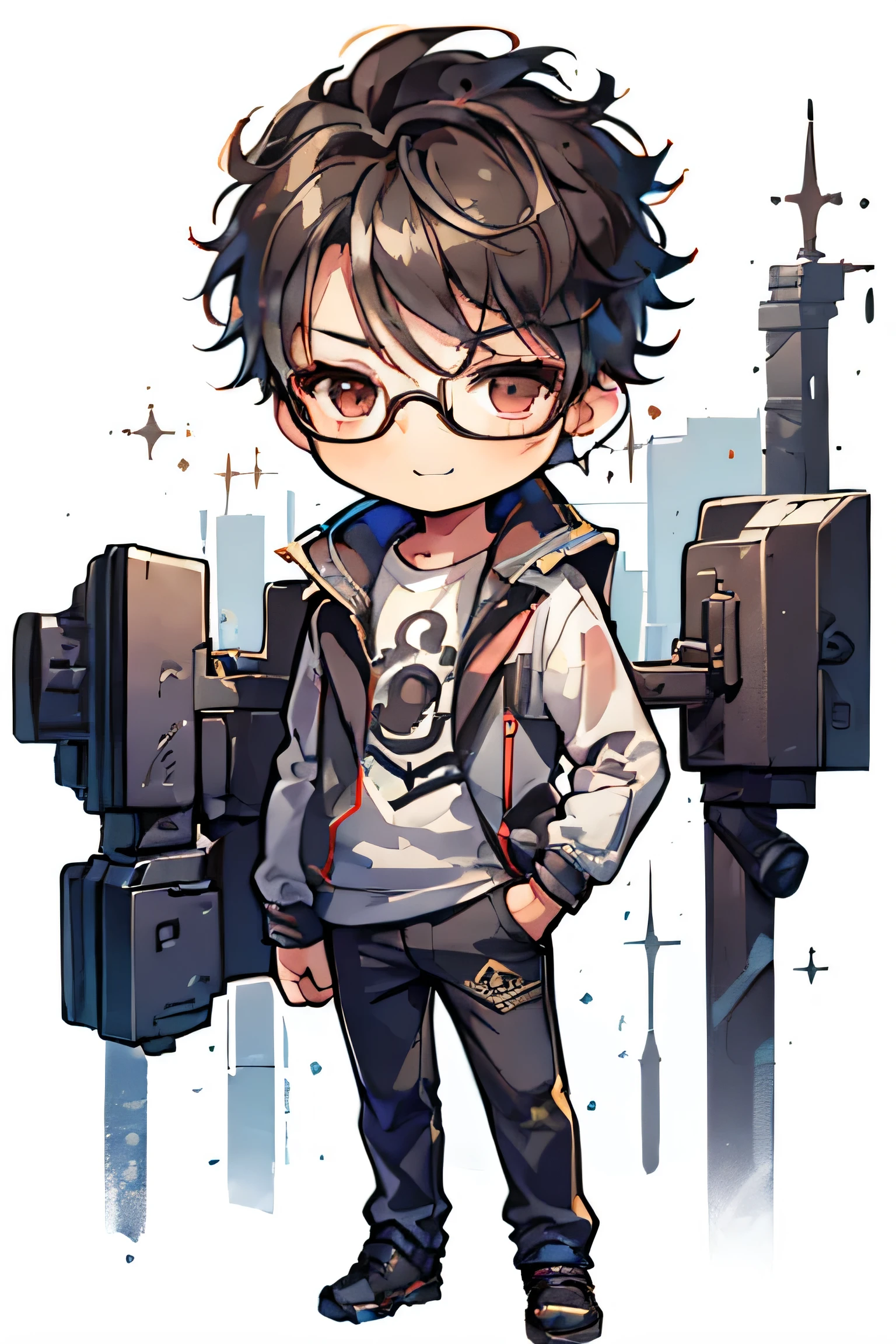 Best quality, masterpiece, high resolution, (a boy: 2), (chibi: 1.6), {{fullbody}}, advanced digital chibi art, round glasses, solo, standing, sideways, arms crossed, victory pose, smiling, (modern clothes: 1.2), short black hair, round glasses, very curly hair , round glasses, brown eyes, round glasses, headset, white background, simple background