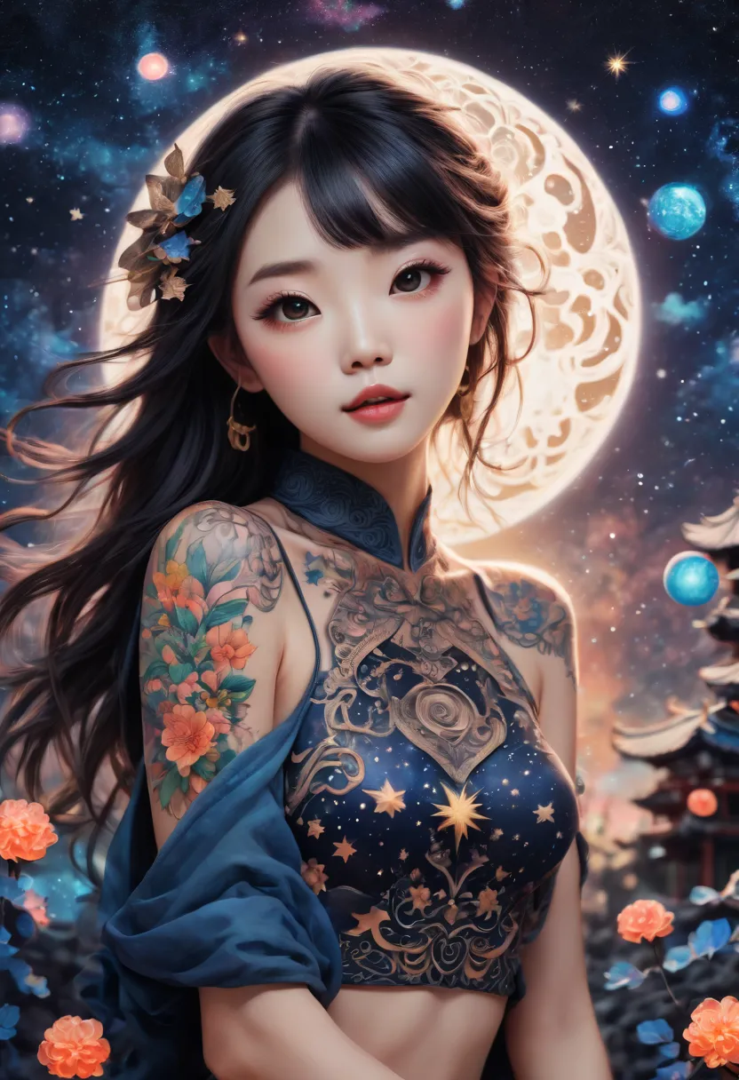 (best quality, highres, ultra sharp), magical ,cute Chinese girl, tattoo, in a magical starry sky, zentangle, full colored, 3d c...