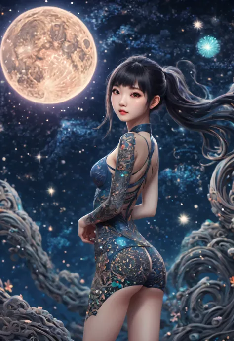 (best quality, highres, ultra sharp), magical ,cute Chinese girl, tattoo, in a magical starry sky, zentangle, full colored, 3d c...