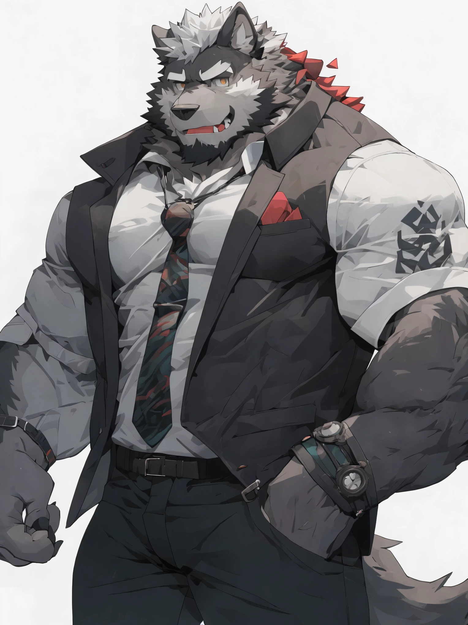 A close up of a person in a suit and tie with a wolf on his chest - SeaArt  AI