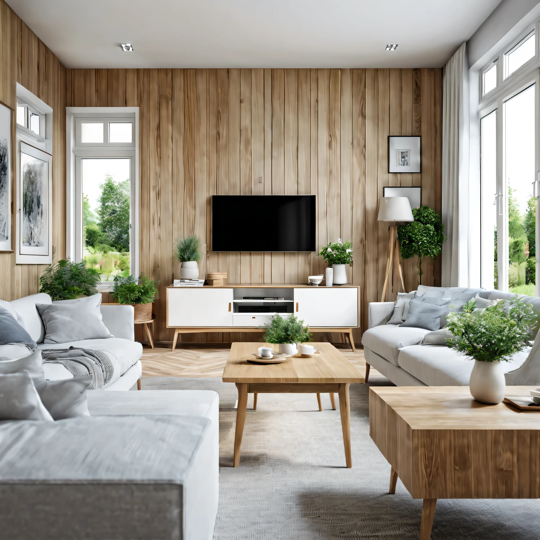  Living room design options, scandanavian style design, living room with window,
garden outside, family hall, television cabinet on the left coffee table at the center, sofa
on the right, whites and wood texture, --s 250 -