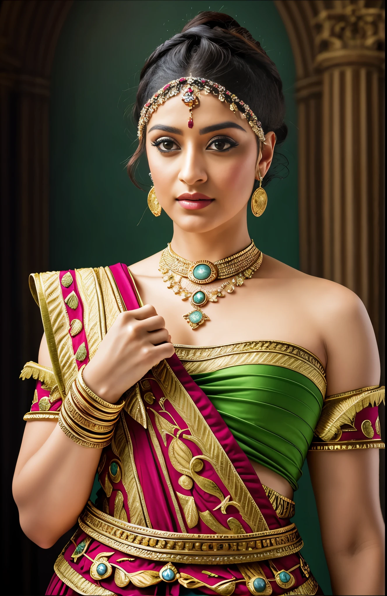 A woman in a green and pink sari with gold jewelry - SeaArt AI