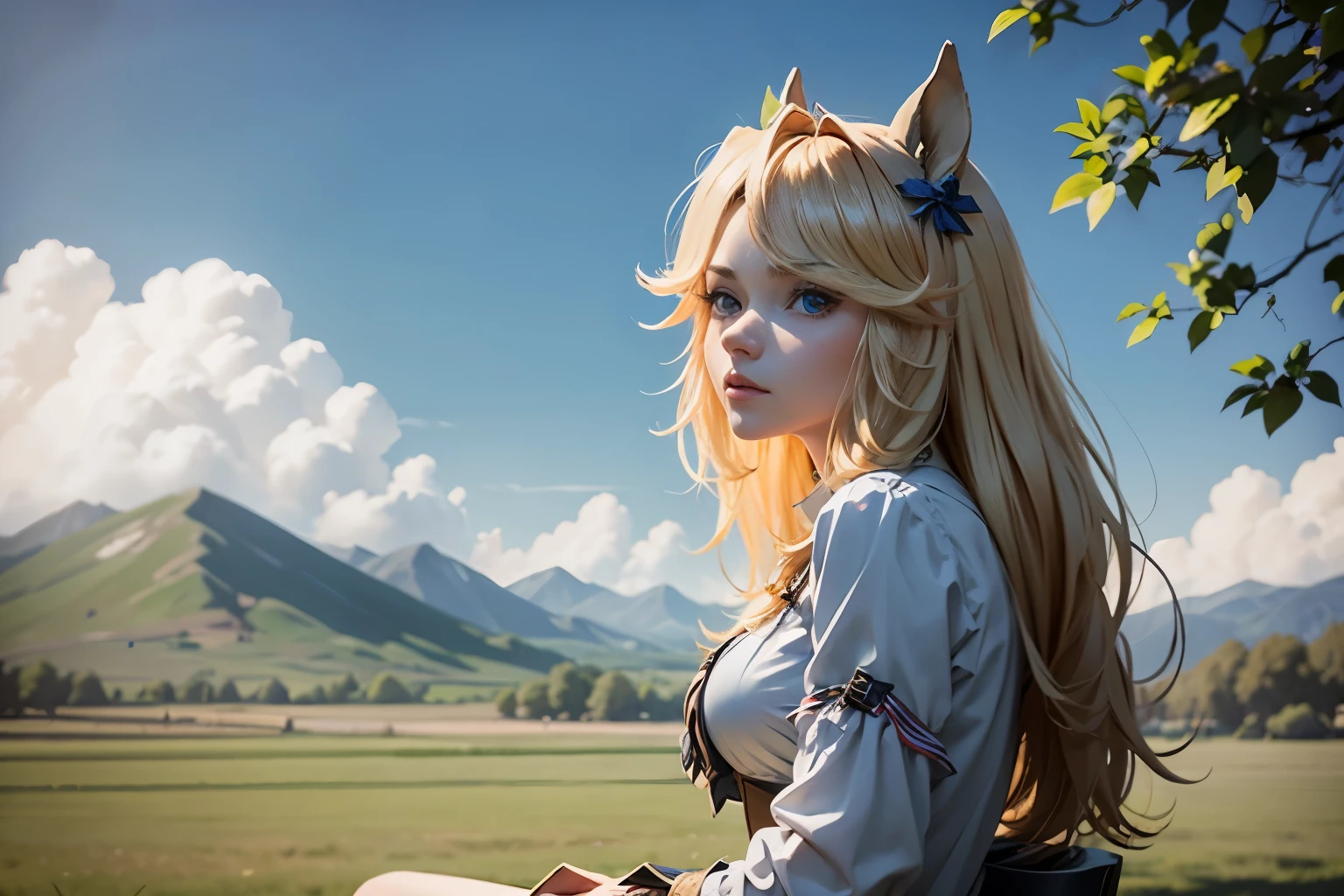 Ereshkigal in the fate series sitting on the grass under a tree looking at the sky looking at the mythical flying creatures in the fields with a beautiful mountainous landscape behind her from a distant view