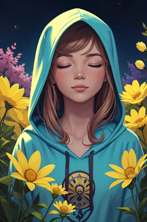 (((meio retrato))), (((there is a freya allan who is praying with her eyes closed in flowers wearing a hooded t-shirt: preto e u...