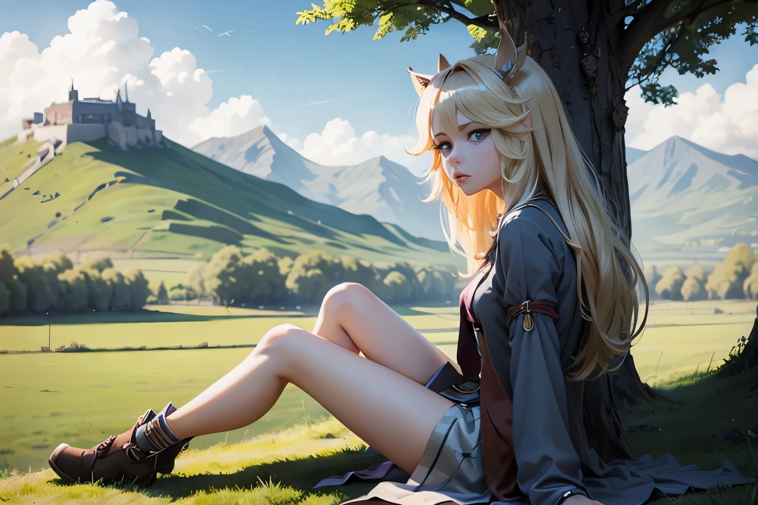 Ereshkigal in the fate series sitting on the grass under a tree looking at the sky looking at the mythical flying creatures in the fields with a beautiful mountainous landscape behind her from a distant view