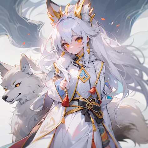 white hair，girl with fox ears，Long furry white tail，Wearing clothes in ancient Chinese style，Standing on the top of the mountain...