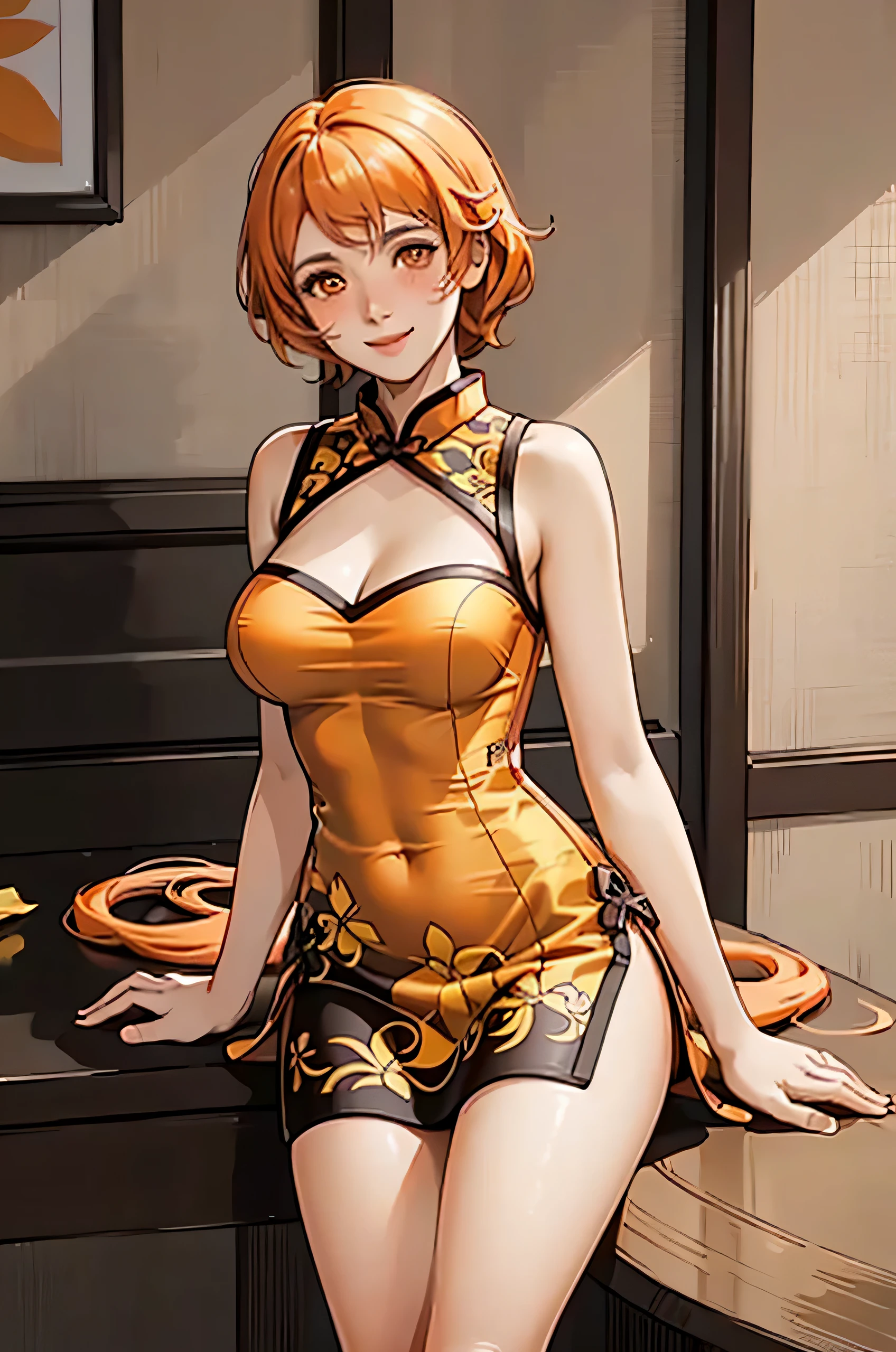 Leonie_Pinelli aus dem Feuer_Emblem in a (orange goldener Cheongsam), Innenraum, 1 Lady Solo /(Rote Haare/), (orange, goldener Cheongsam), glittering_Stoff, schmucklos_Kleid, blush gentle smile, (Masterpiece best quality:1.3) Zarte Illustration, high resolution, ultra-detailliert, perfektes Gesicht, nice skin, big , 8 TAUSEND, sehr high resolution, 4k quality