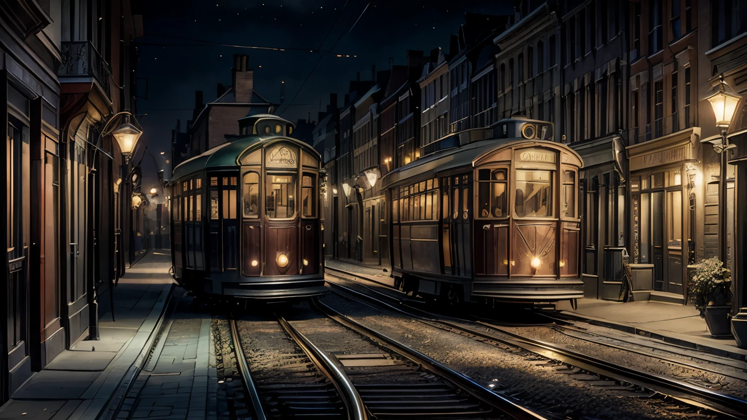 Une nuit d&#39;été enchanteresse dans une ville où vivent seulement des femmes à moitié nues et où des tramways lumineux sans conducteur glissent sur les voies. Une ville avec des maisons dans le style des bâtiments historiques de Bruxelles, maisons connues grâce aux peintures de René Magritte