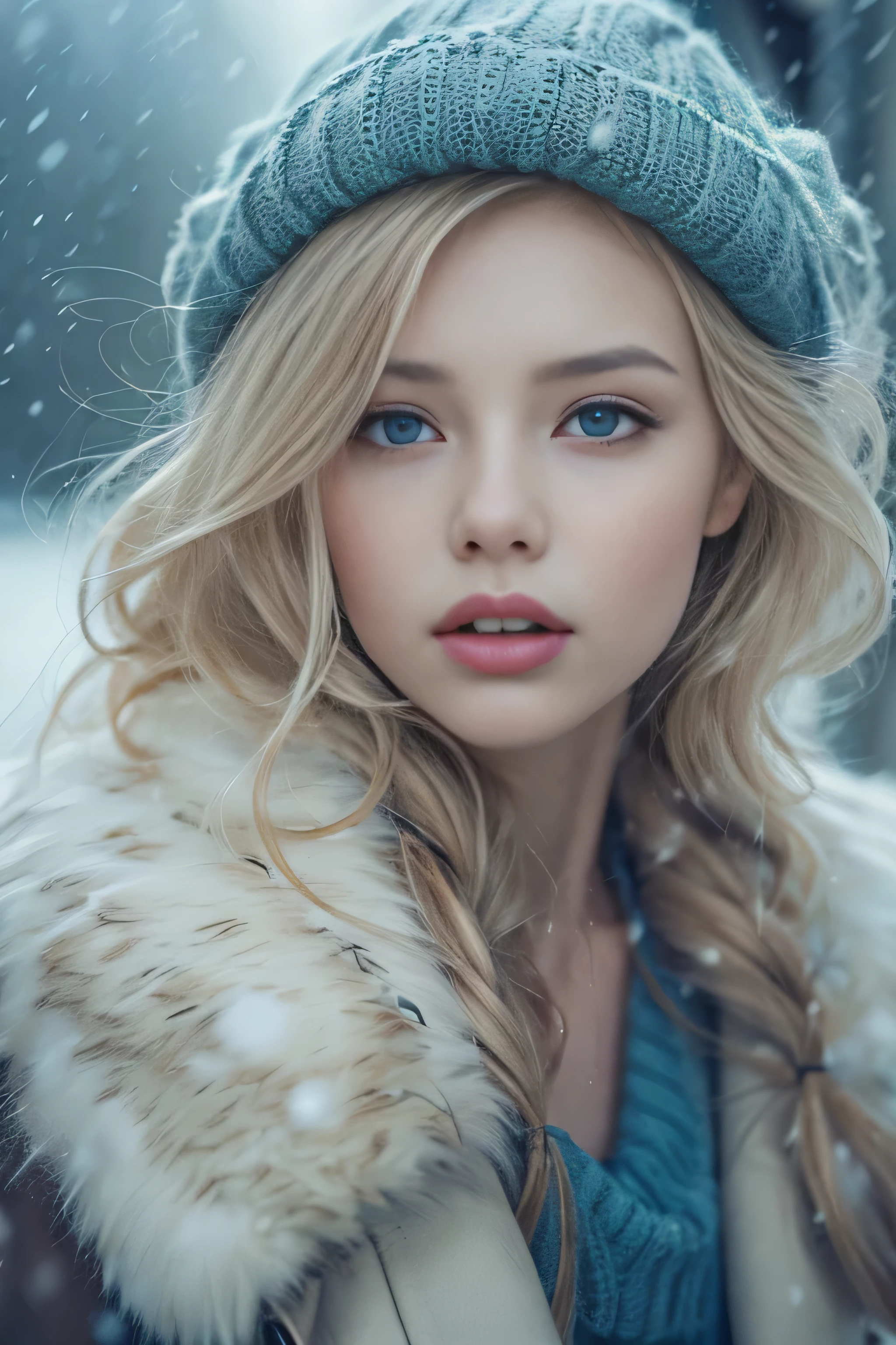 1 female、(european:1.5)、(late 20s)、(super beautiful)、(beautiful face:1.5)、(detailed face:1.5)、(blue eyes)、blonde、shallow depth of field、It had been snowing since I got off the night train..、I can only hear the sound of the sea、I also took the ferry alone..、Staring at the frozen seagulls