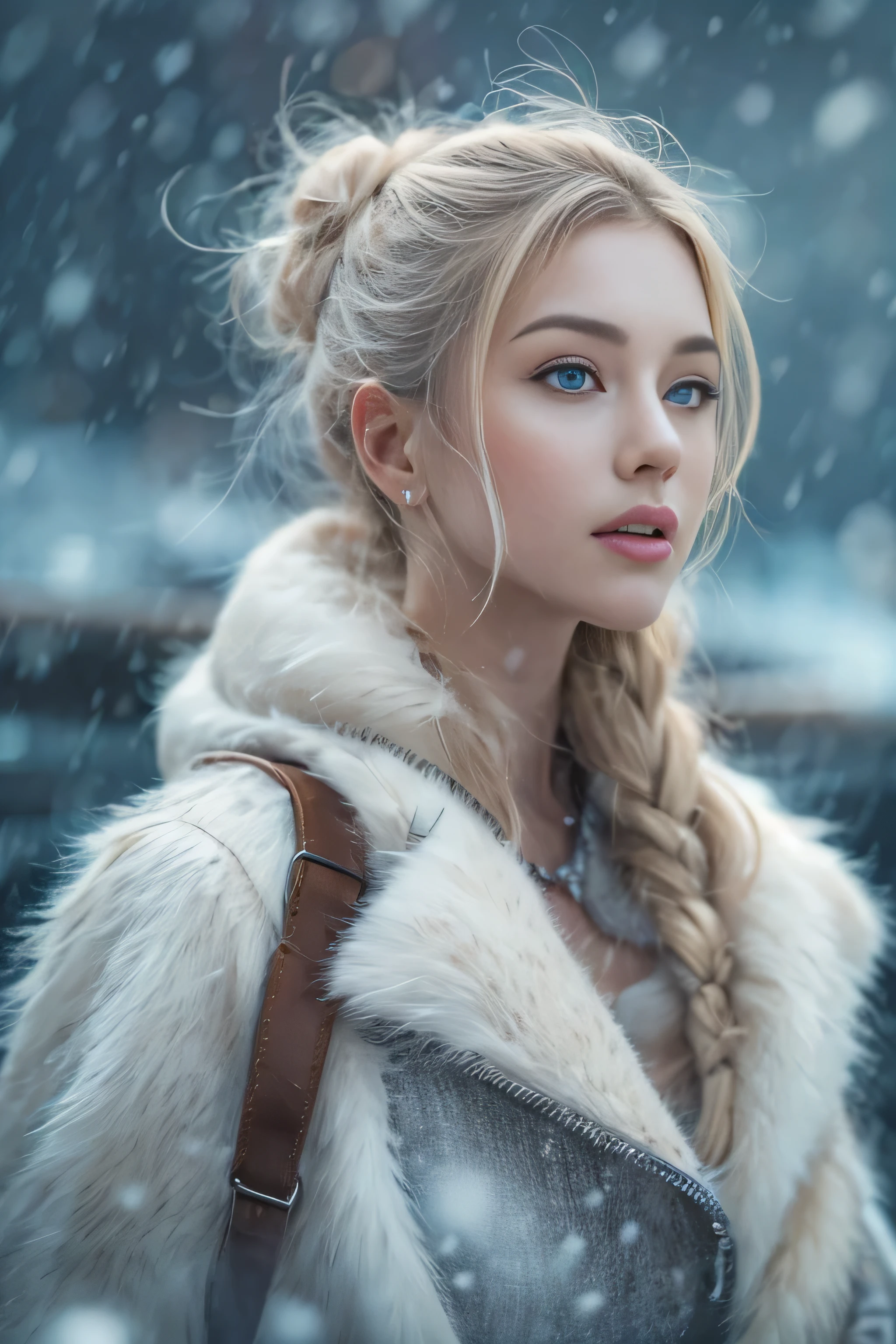 1 female、(european:1.5)、(late 20s)、(super beautiful)、(beautiful face:1.5)、(detailed face:1.5)、(blue eyes)、blonde、shallow depth of field、It had been snowing since I got off the night train..、I can only hear the sound of the sea、I also took the ferry alone..、Staring at the frozen seagulls