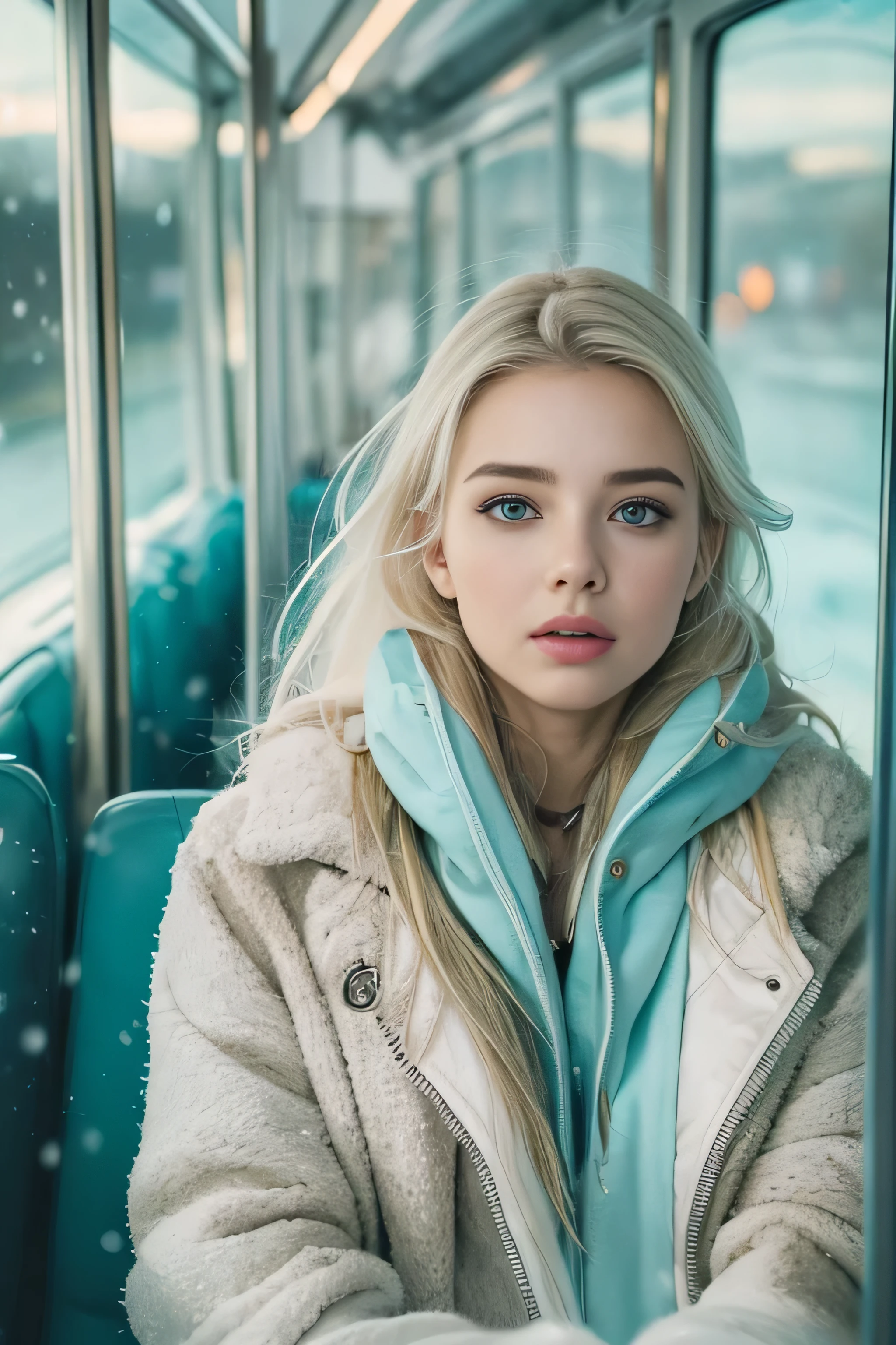 1 female、(european:1.5)、(late 20s)、(super beautiful)、(beautiful face:1.5)、(detailed face:1.5)、(blue eyes)、blonde、shallow depth of field、It had been snowing since I got off the night train..、I can only hear the sound of the sea、I also took the ferry alone..、Staring at the frozen seagulls
