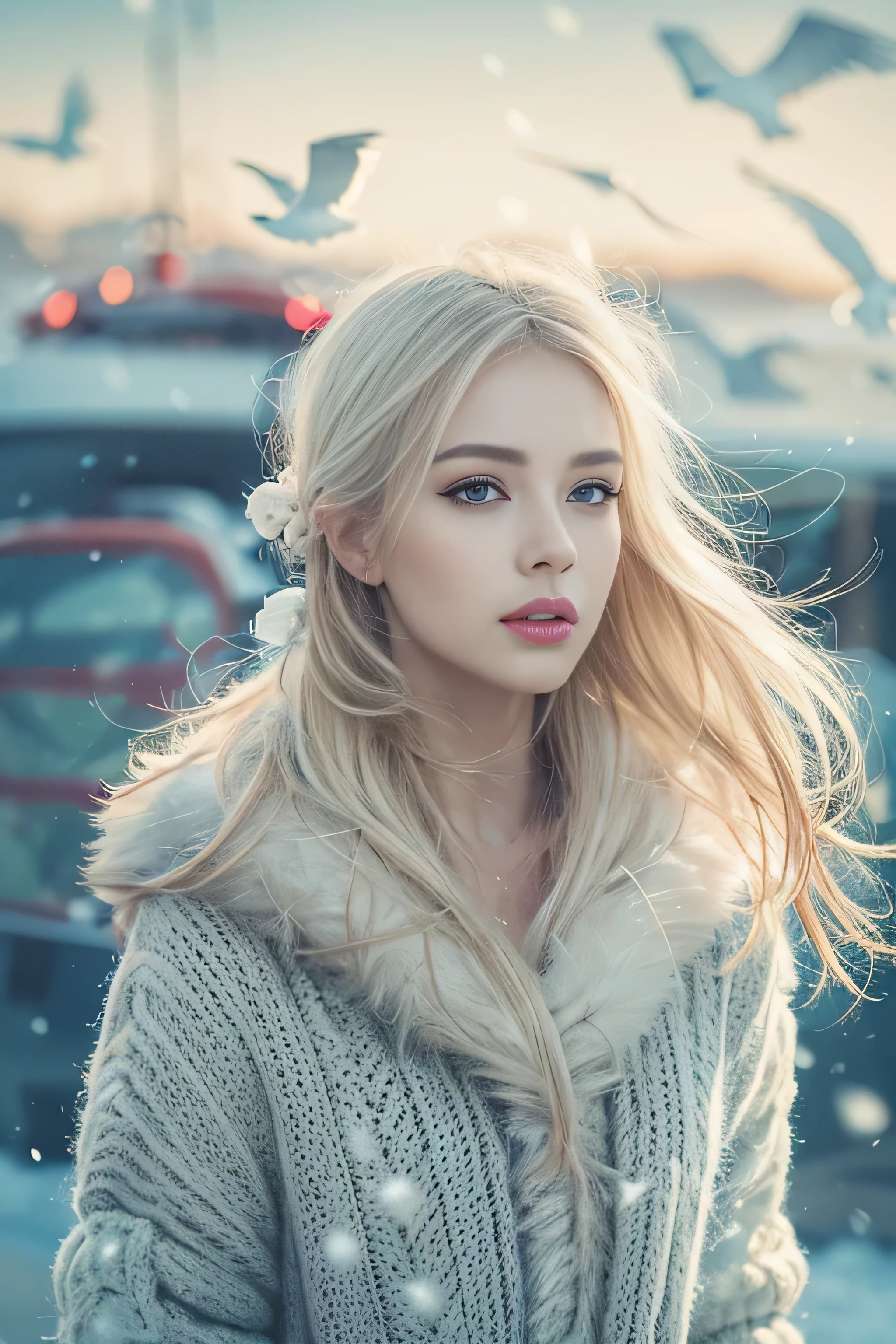 1 female、(european:1.5)、(late 20s)、(super beautiful)、(beautiful face:1.5)、(detailed face:1.5)、(blue eyes)、blonde、shallow depth of field、It had been snowing since I got off the night train..、I can only hear the sound of the sea、I also took the ferry alone..、Staring at the frozen seagulls