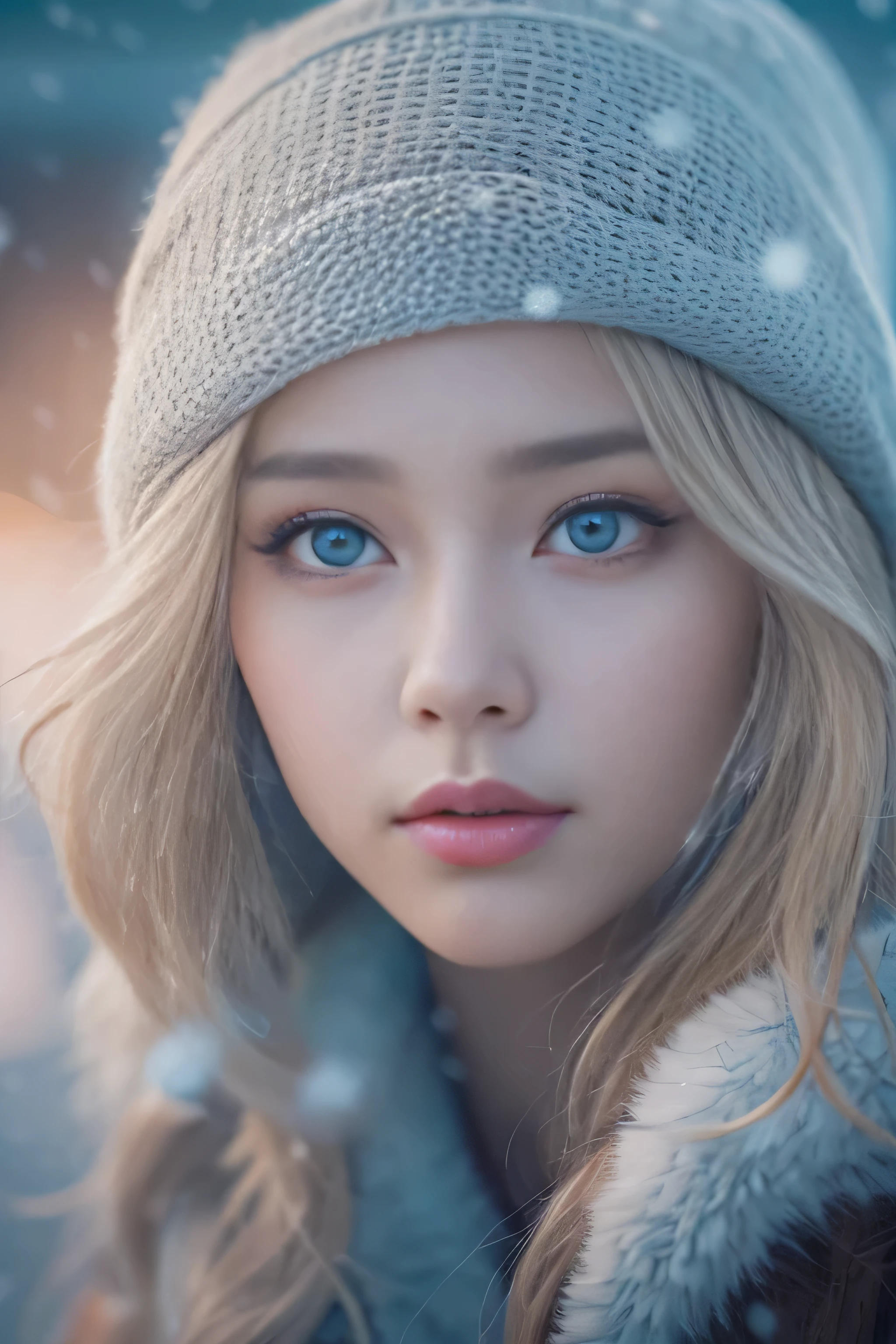 1 female、(european:1.5)、(late 20s)、(super beautiful)、(beautiful face:1.5)、(detailed face:1.5)、(blue eyes)、blonde、shallow depth of field、It had been snowing since I got off the night train..、I can only hear the sound of the sea、I also took the ferry alone..、Staring at the frozen seagulls