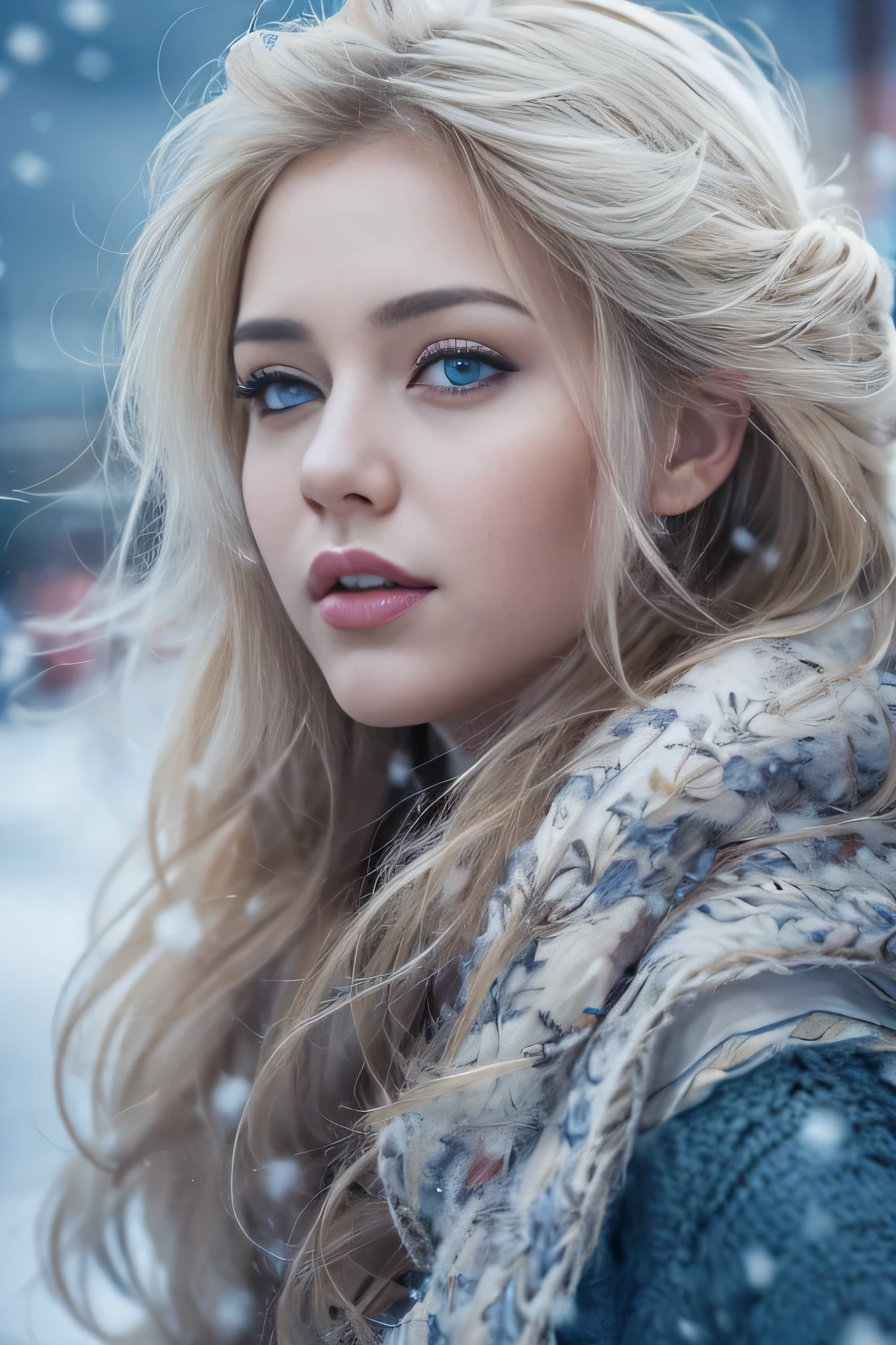 1 female、(european:1.5)、(late 20s)、(super beautiful)、(beautiful face:1.5)、(detailed face:1.5)、(blue eyes)、blonde、shallow depth of field、It had been snowing since I got off the night train..、I can only hear the sound of the sea、I also took the ferry alone..、Staring at the frozen seagulls