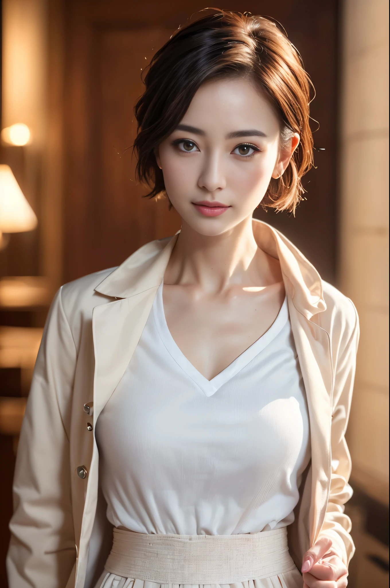 (sfw:1.3)、Photorealistic beautiful doctor、1 female、masterpiece、doctors white coat, collared shirt、(highest quality、8K、32K、masterpiece、sfw:1.3)、(Photoreal:1.3)、Raw photo, detailed face,,beautiful hair,skin that looks real、 ((Doctor Style)), Pixie Cut、small breasts:1.5, black tight skirt、 natural makeup、inside hospital, detailed background, perfect lighting, Depth of bounds written, Stethoscope ,