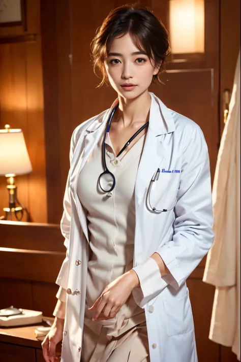 (sfw:1.3)、Photorealistic beautiful doctor、1 female、masterpiece、doctors white coat, collared shirt、(highest quality、8K、32K、master...