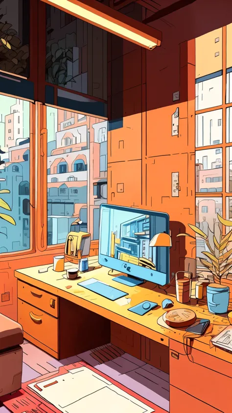 cartoon of a desk with a computer and a monitor in a room, cozy home background，Greenery，Blade details，coffee mug，nerds，picture ...