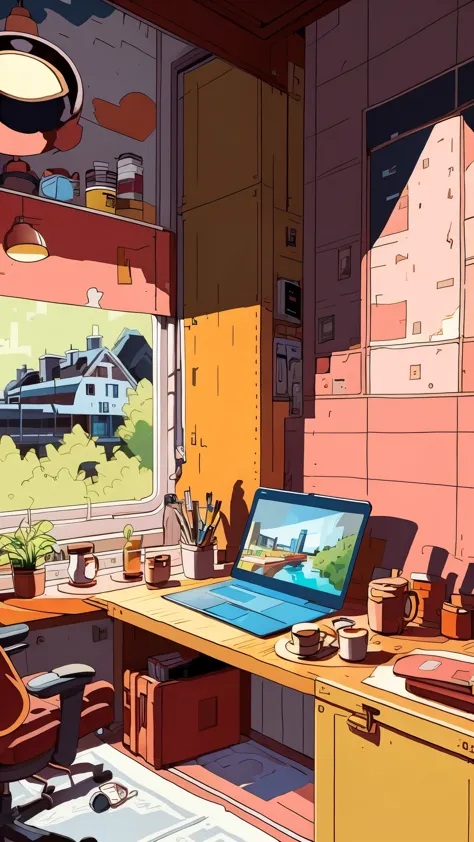 cartoon of a desk with a computer and a monitor in a room, cozy home background，Greenery，Blade details，coffee mug，nerds，picture ...