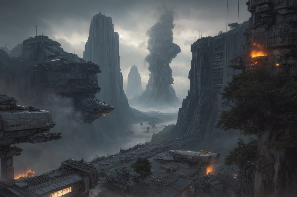 Ultra-realistic 16K CG, masterpiece, Best Composition, Photo quality, work of art, a lot of details, view from above, many waterfalls, deep crevice in the ground, canyon, 8K, very detailed, distant fantasy, cyberpunk, hyper-detailed, crazy details, wet, rain, Moss on the walls, flowers, flood, a bomber is flying in the foreground, against the backdrop of a beautiful futuristic fantasy city in the style of Coruscant from Star Wars by John Lucas, war, there is a battle going on, the city is attacked by sky dreadnoughts, fire from the sky, Explosions, buildings are burning, rays from tracer shells in the sky, a downed dreadnought is burning in the background, debris, there is a battle going on, fog, Science fiction, Huge fantastic skyscrapers in the background, space elevator towers, very high background detail, A lot of small details, A busy street, a lot of passers-by, the sky is gloomy from burning, molten metal flows into water, fuel burns in water., two soldiers escort a slave, neck collar with chain