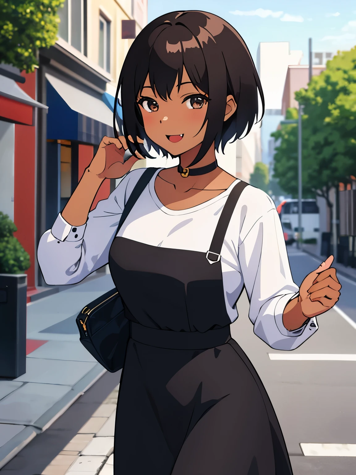 Obra maestra, la mejor calidad, Ilustración anime de una chica de pelo corto y piel morena oscura que tiene un largo colmillo saliendo de su boca mientras sonríe dulcemente, ella lleva un vestido casual y está en la calle 