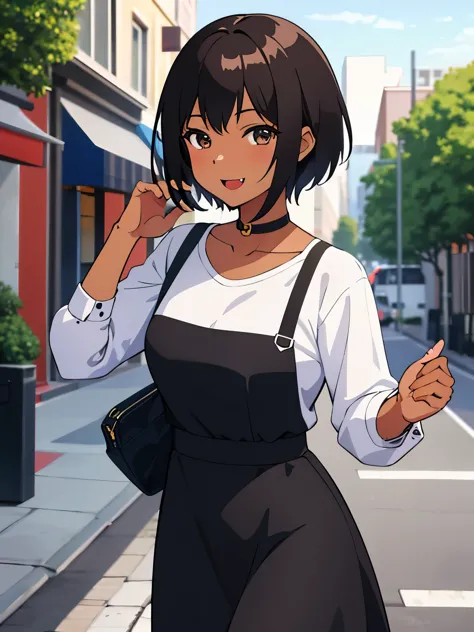 Obra maestra, la mejor calidad, Anime illustration of a girl with short hair and dark brown skin who has a long fang coming out ...