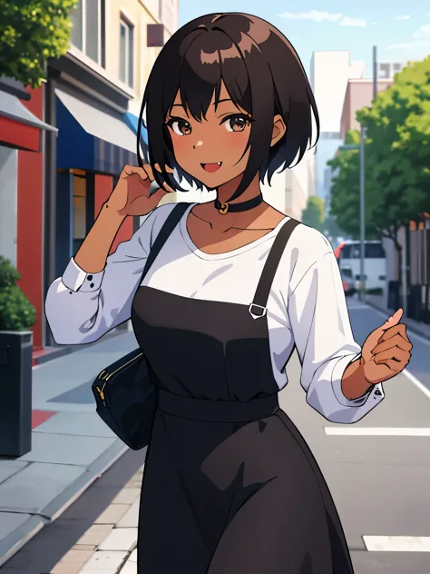 obra maestra, la mejor calidad, anime illustration of a girl with short hair and dark brown skin who has a long fang coming out ...