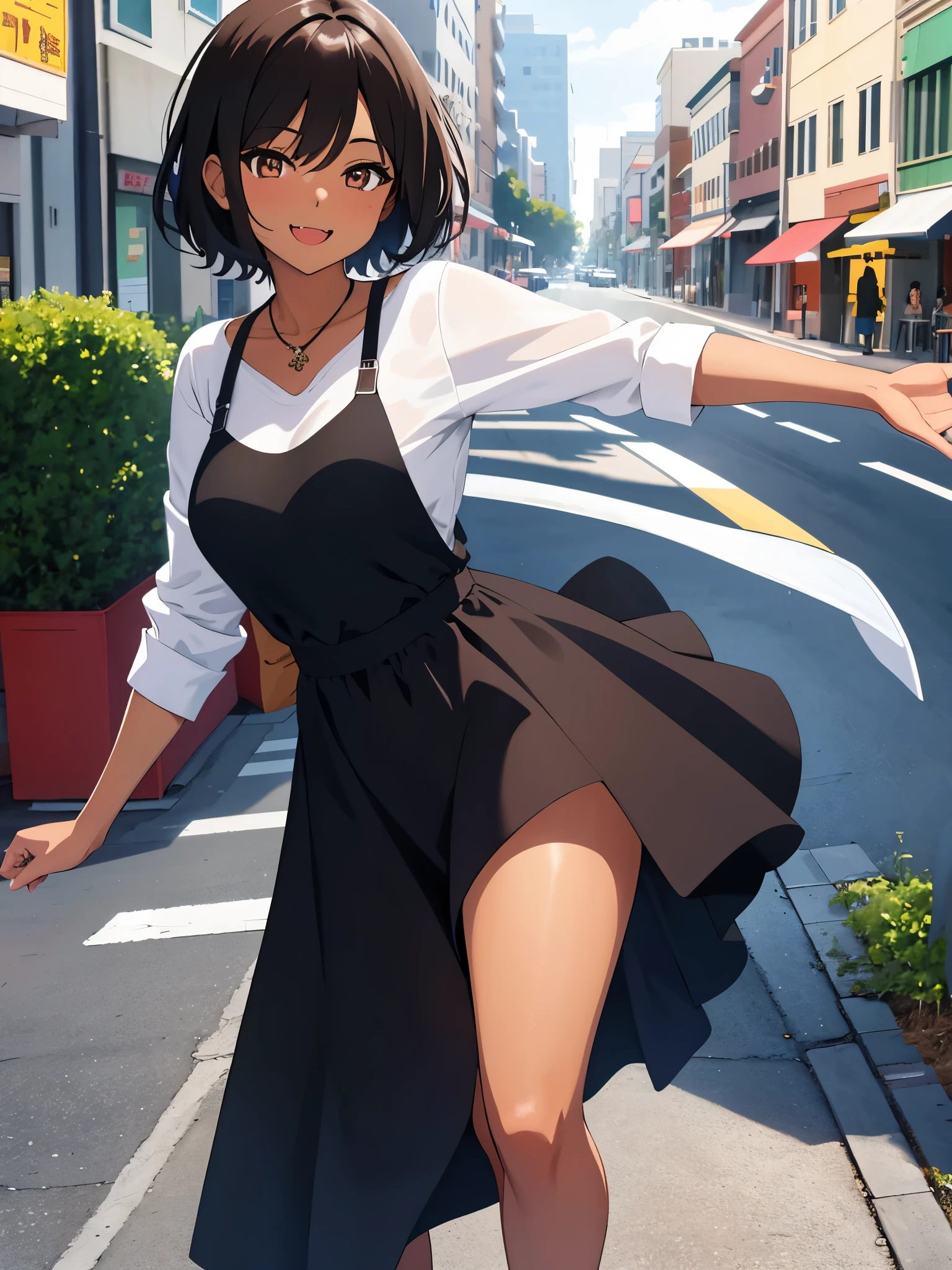 Obra-prima, ultra alta calidad, Ilustração de anime de uma garota com cabelo curto e pele morena escura que tem uma longa presa saindo da boca enquanto sorri docemente, ela usa um vestido casual e está na rua 