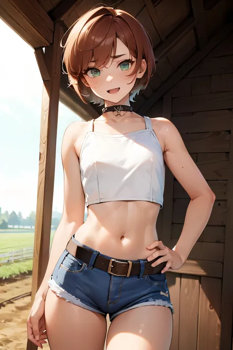 (((SHARP detail perfect face))), (flat chest), (nice hips), detailed skin, ((masterpiece)), best quality, (SHARP details), 4k, (((femboy))), (((farm))), ((light auburn hair)), sweat, (trap), green eyes, looking at viewer, smiling, open mouth, solo, (asymme...