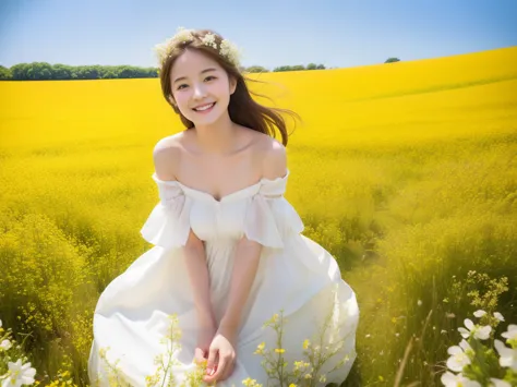highest quality, masterpiece, ultra high resolution, (realistic:1.4), RAW photo, 1 girl, white dress, off shoulder, rape blossom field, glowing skin, light smile
