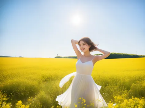 highest quality, masterpiece, ultra high resolution, (realistic:1.4), RAW photo, 1 girl, white dress, off shoulder, rape blossom field, glowing skin, light smile