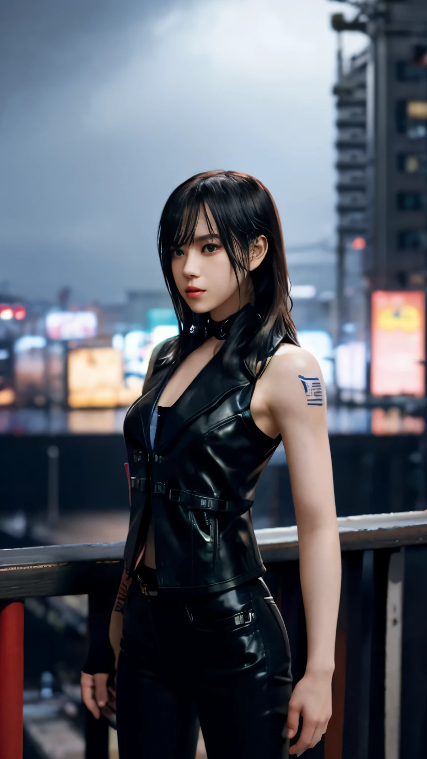 highest quality，masterpiece，Super detailed，8K, UHD，Beautiful woman，japanese woman，Expressionless，(Topless)，whole body，((tattoo))，slim，black leather pants，black leather vest，(female mafia)，gangster，(cyberpunk city)，night，cinematic lightening，movie poster，underworld