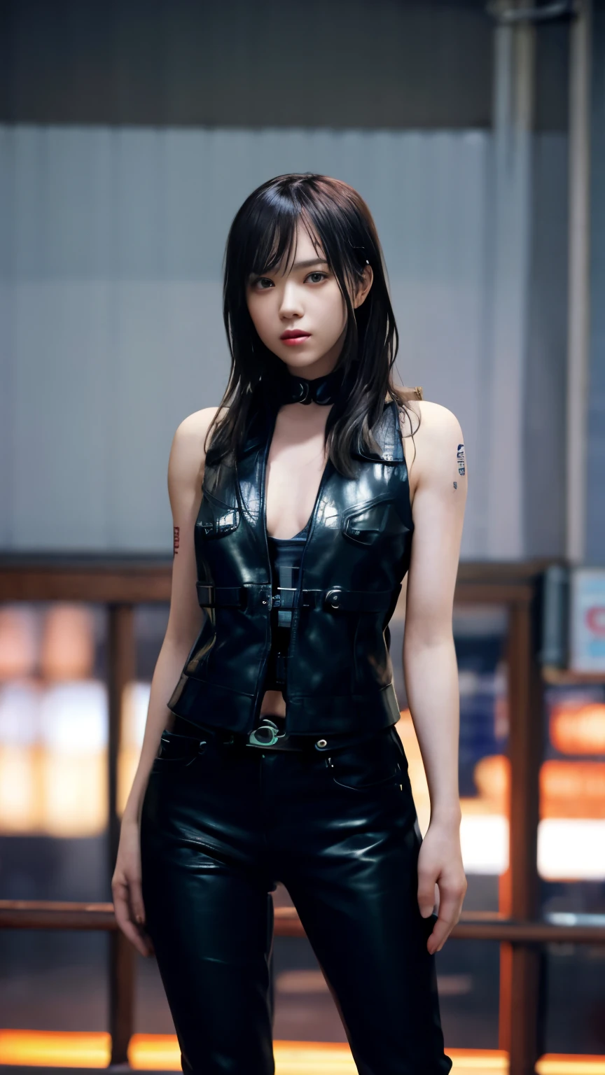 highest quality，masterpiece，Super detailed，8K, UHD，Beautiful woman，japanese woman，Expressionless，(Topless)，whole body，((tattoo))，slim，black leather pants，black leather vest，(female mafia)，gangster，(cyberpunk city)，night，cinematic lightening，movie poster，underworld