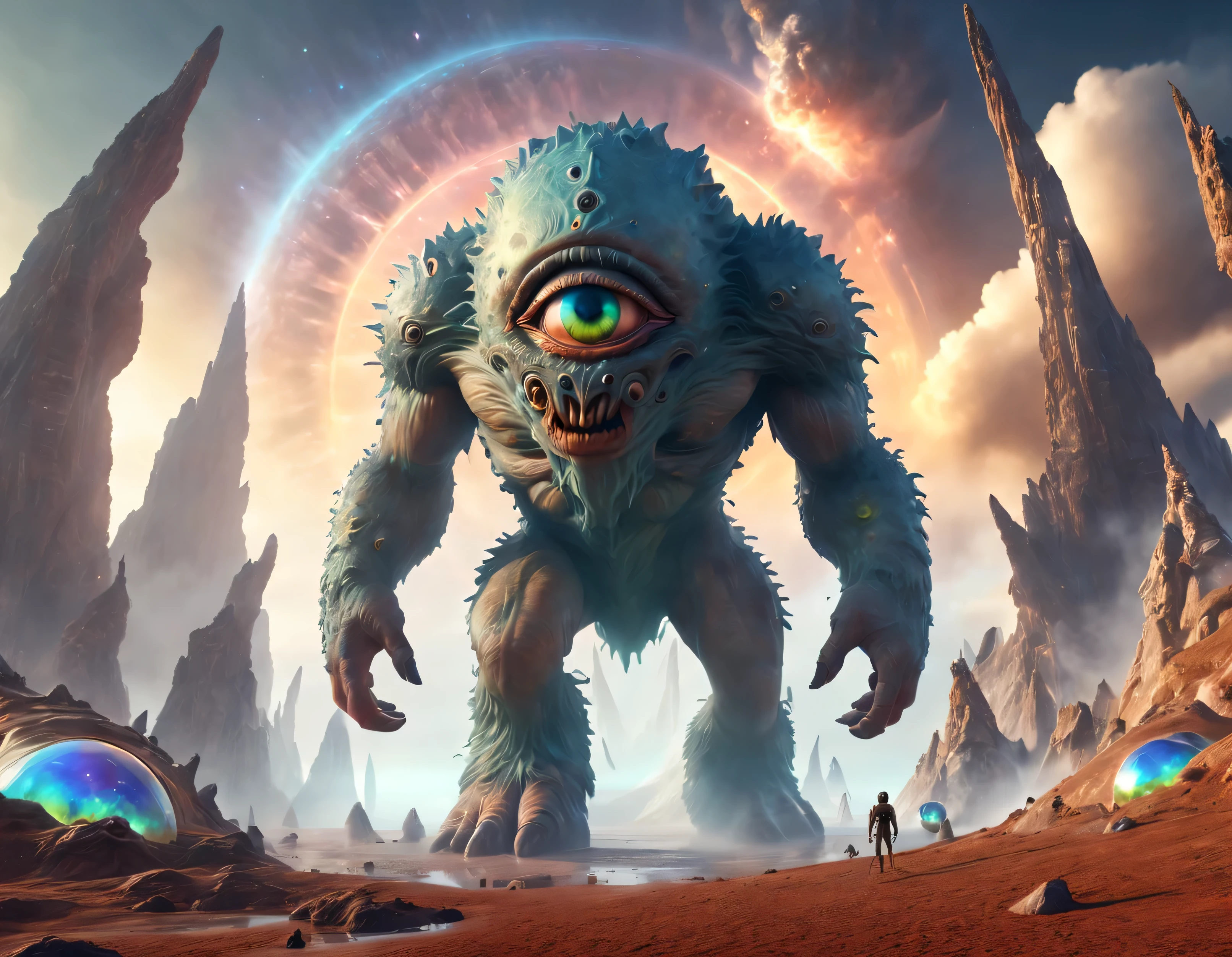 giant cyclops monsters on alien planet with view over iridescent galaxy and light reflections, walking, subsurface scattering, cinematic cosmic 3d render octane highres high-saturation, 