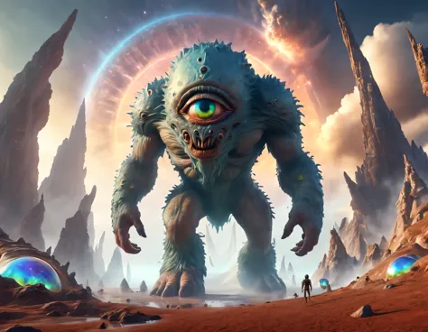 giant cyclops monsters on alien planet with view over iridescent galaxy and light reflections, walking, subsurface scattering, c...